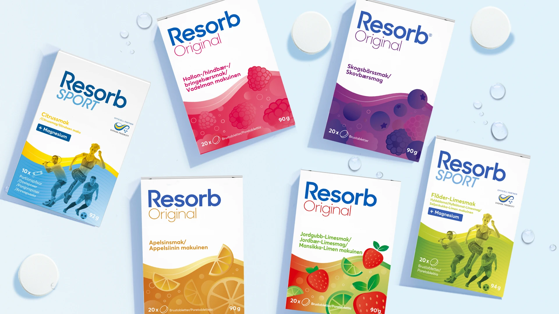 Seks pakker Resorb brusetabletter: Original (hindbær, skovbær, appelsin, jordbær-lime) og Sport (citrus, hyldeblomst-lime).