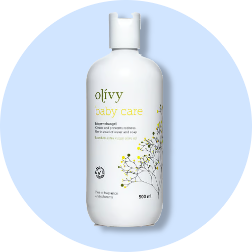 Hvid flaske Olívy Baby Care til bleskift. Renser, forebygger rødme, uden parfume, 500 ml.