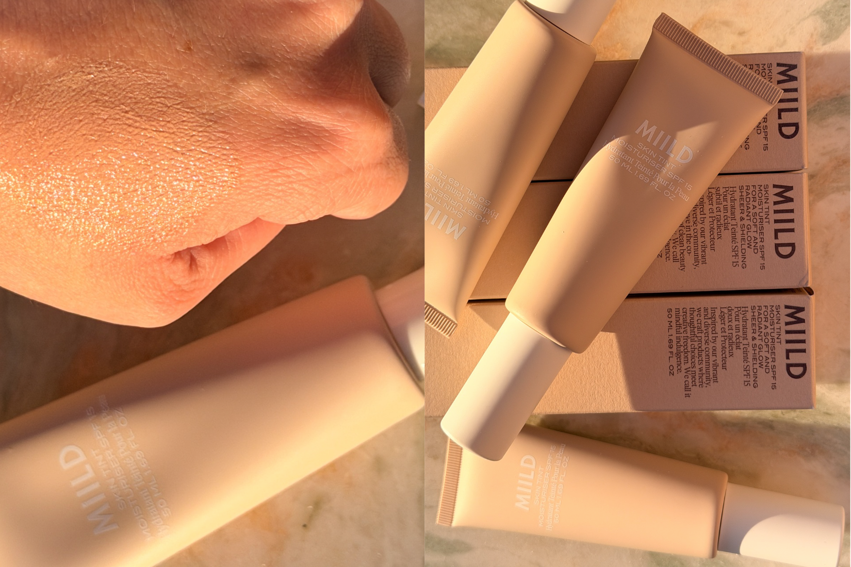 MIILD Skin Tint Moisturiser SPF 15 i tubepakning, hvoraf en er swatchet på en hånd med en strålende finish.