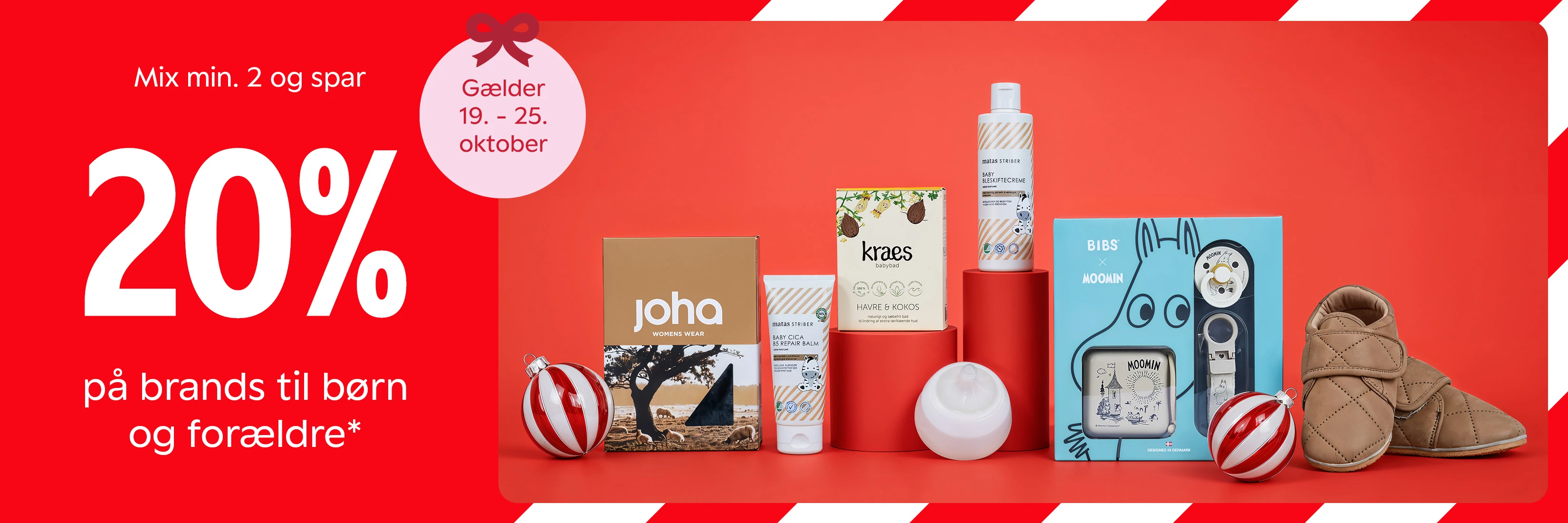 20% rabat på udvalgte brands til børn og forældre ved køb af min. 2 varer. Tilbuddet gælder 19.-25. oktober.