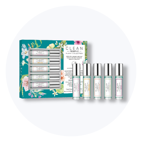 Clean Reserve H₂Eau Collection parfumesæt med ti roll-on-parfumer, præsenteret i en turkis æske.