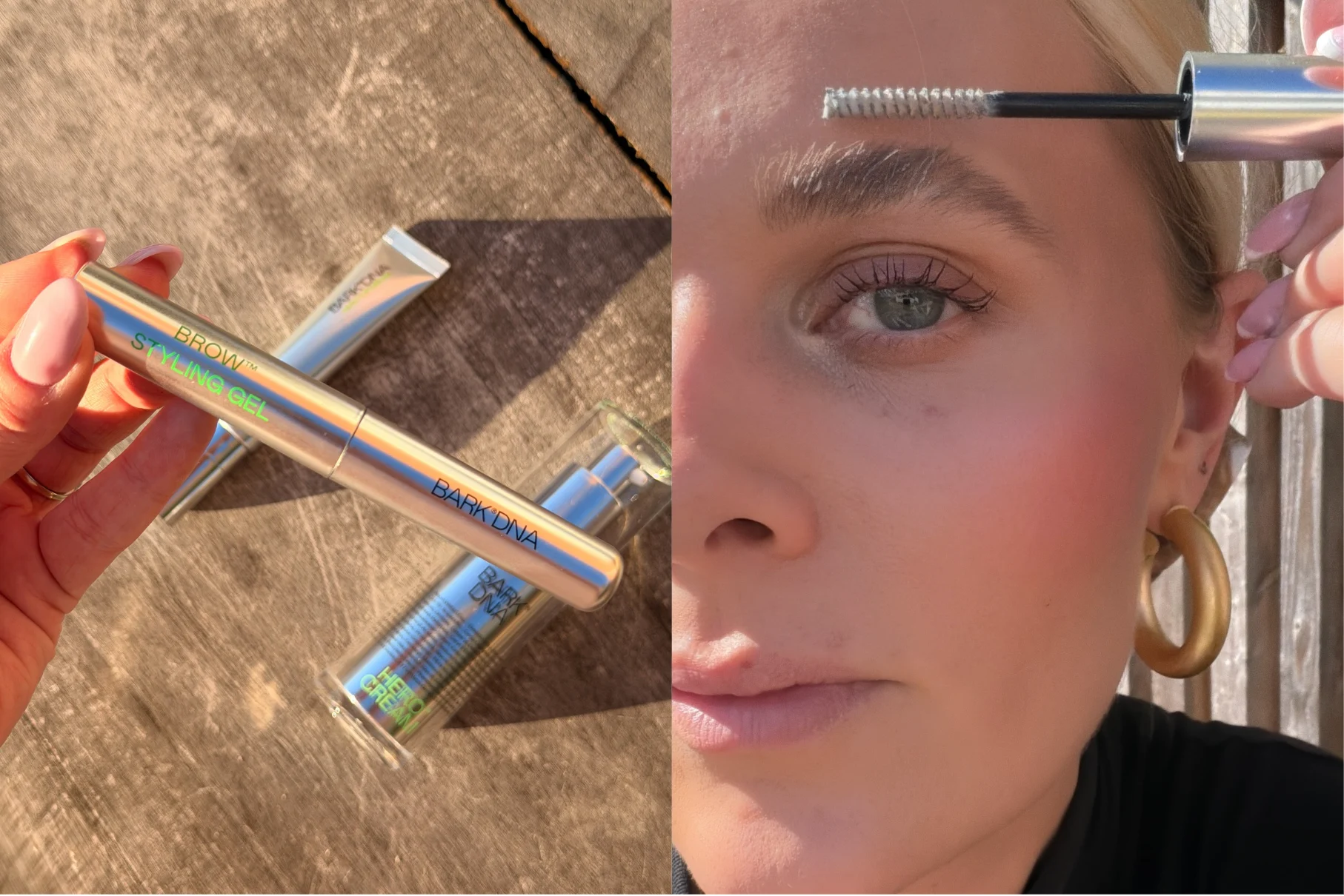 BARK DNA Brow Styling Gel holdes af en hånd, mens en kvinde påfører gelen på sit øjenbryn.