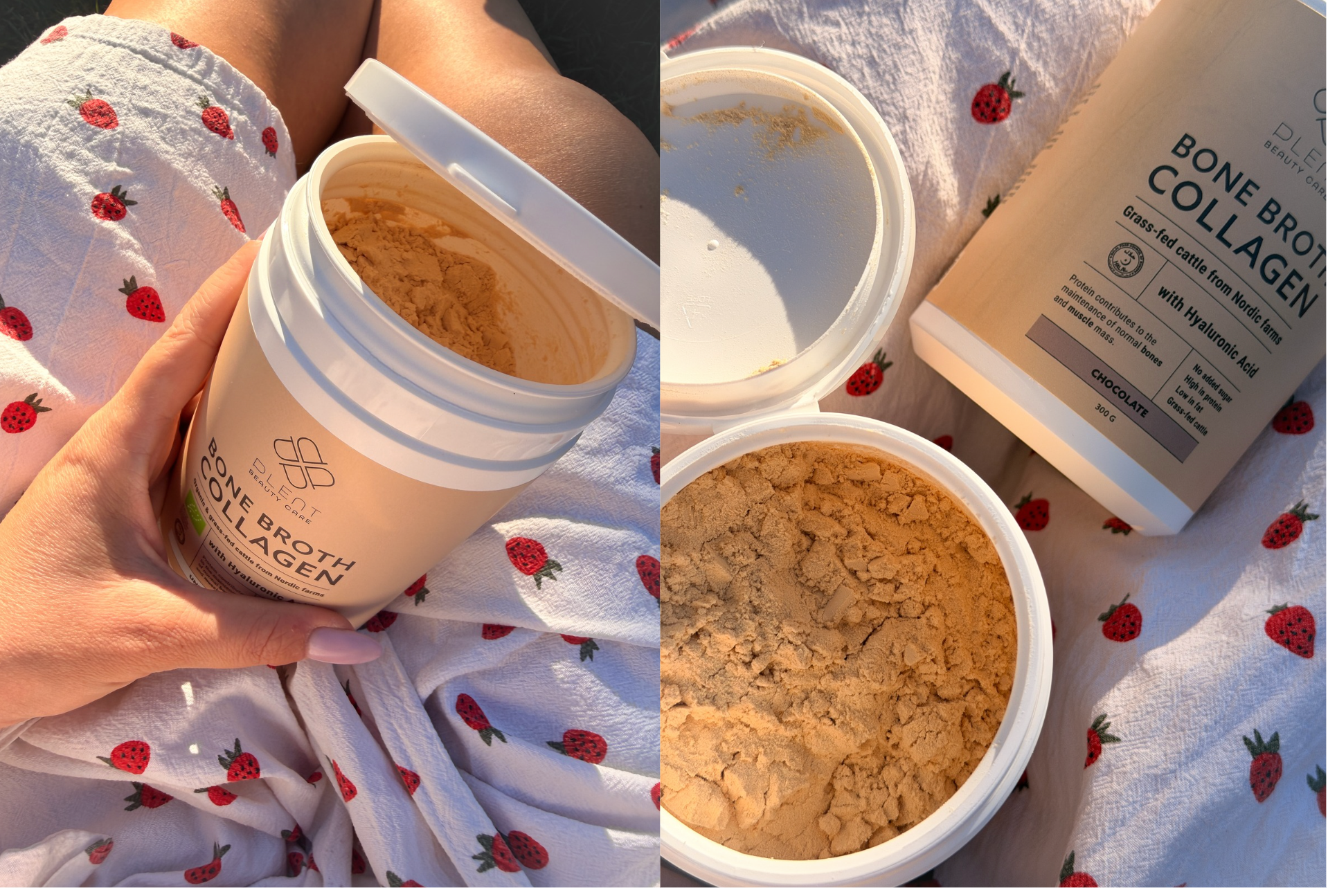 To beholdere med Plent Beauty Care Bone Broth Collagen pulver, chokoladesmag, 300g. Den ene beholder er åben og viser det brune pulver. På emballagen står: 'Fra græsfodret kvæg fra nordiske gårde med hyaluronsyre', 'Protein bidrager til vedligeholdelse af normale knogler og muskler', 'Ingen tilsat sukker', 'Højt proteinindhold', 'Lavt fedtindhold'.