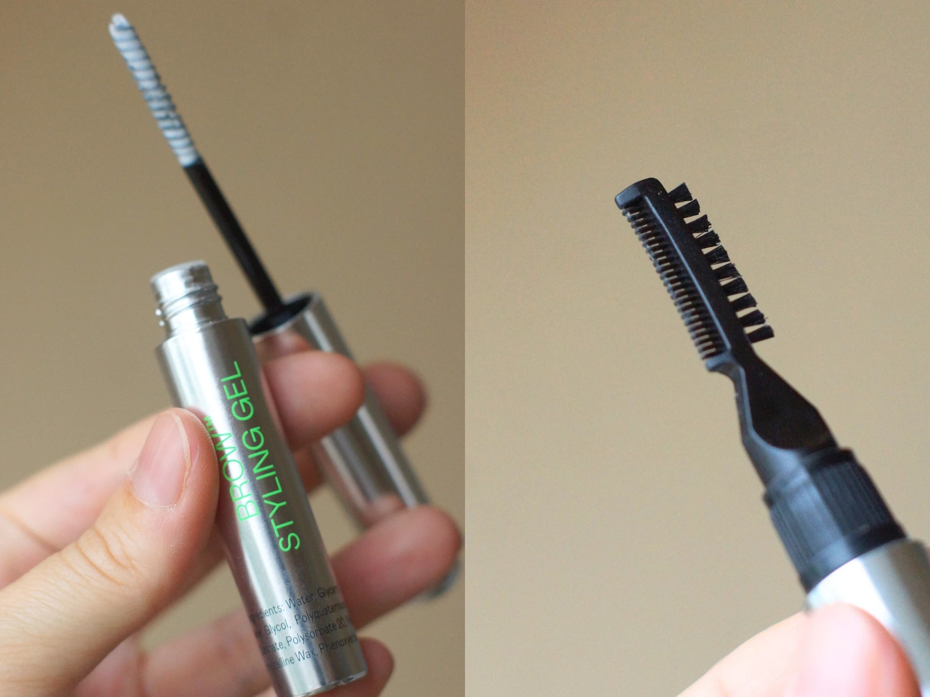 En sølvfarvet Brow Styling Gel tube med applikator og et sort øjenbrynskam og børsteværktøj.