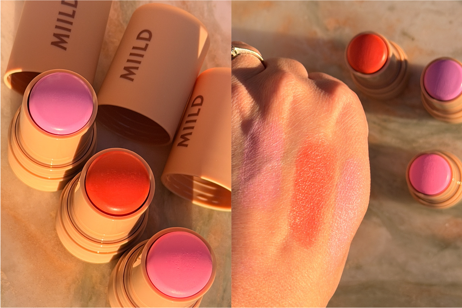MIILD blush sticks i farverne lilla, koral og pink med farveprøver på hånd.