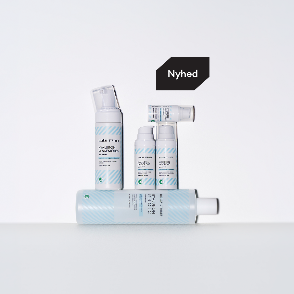 Nyhed: Matas Striber Hyaluron hudplejeserie uden parfume. Inkluderer rensemousse, dagcreme, natcreme, øjencreme og skintonic.