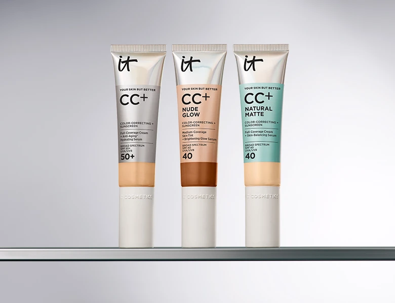 Tre it Cosmetics CC+ cremer: Color-Correcting SPF 50+, Nude Glow SPF 40, Natural Matte SPF 40. Viser forskellige nuancer.