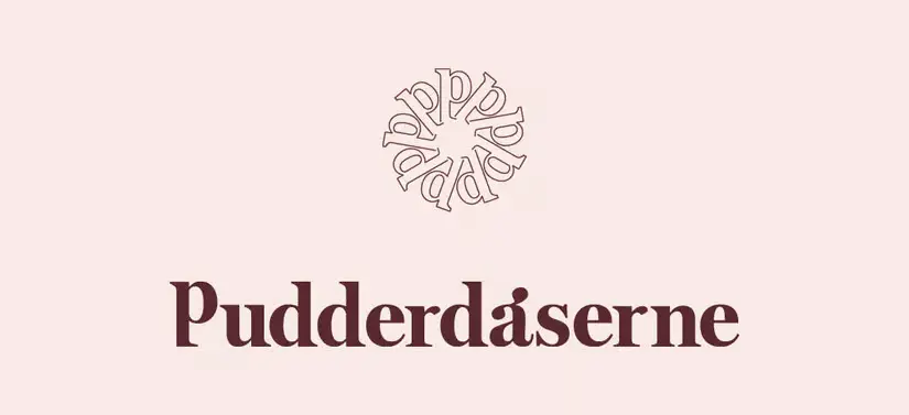 Her ses en sart lyserød baggrund med deres brune logo. 