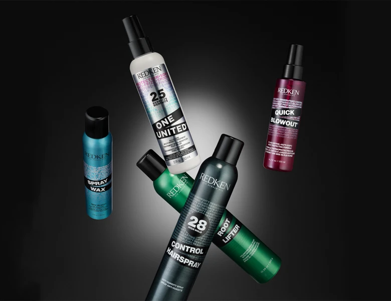 Fem Redken hårprodukter: One United, Spray Wax, Control Hairspray, Root Lifter og Quick Blowout.