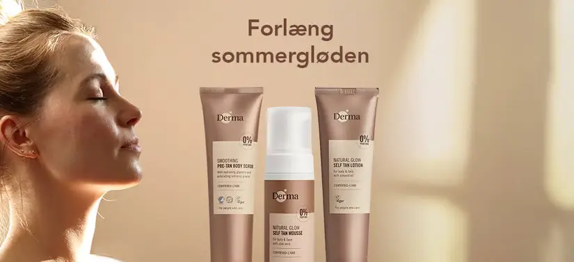 Her ses en guldlig baggrund med tre produkter og en kvindes ansigt.