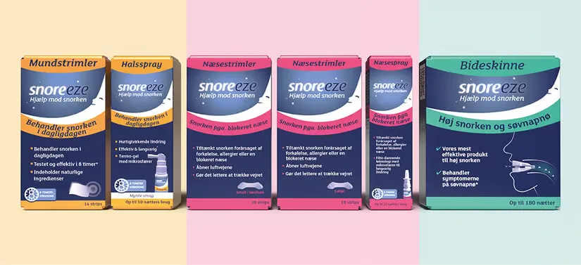 Snoreeze produkter på række på trefarvet baggrund
