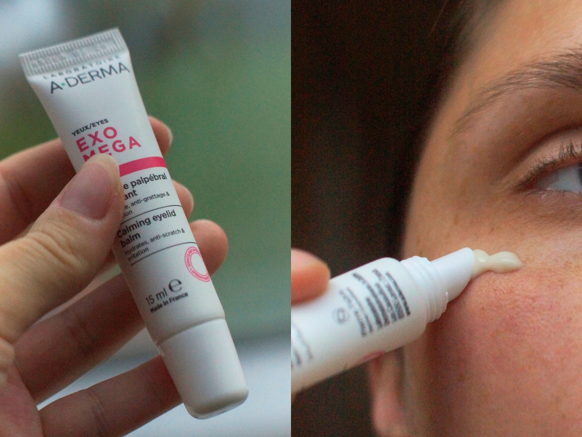 En hånd holder en tube A-Derma Exomega Calming Eyelid Balm, 15 ml. Billedet viser også balsamen blive påført huden nær et øje.