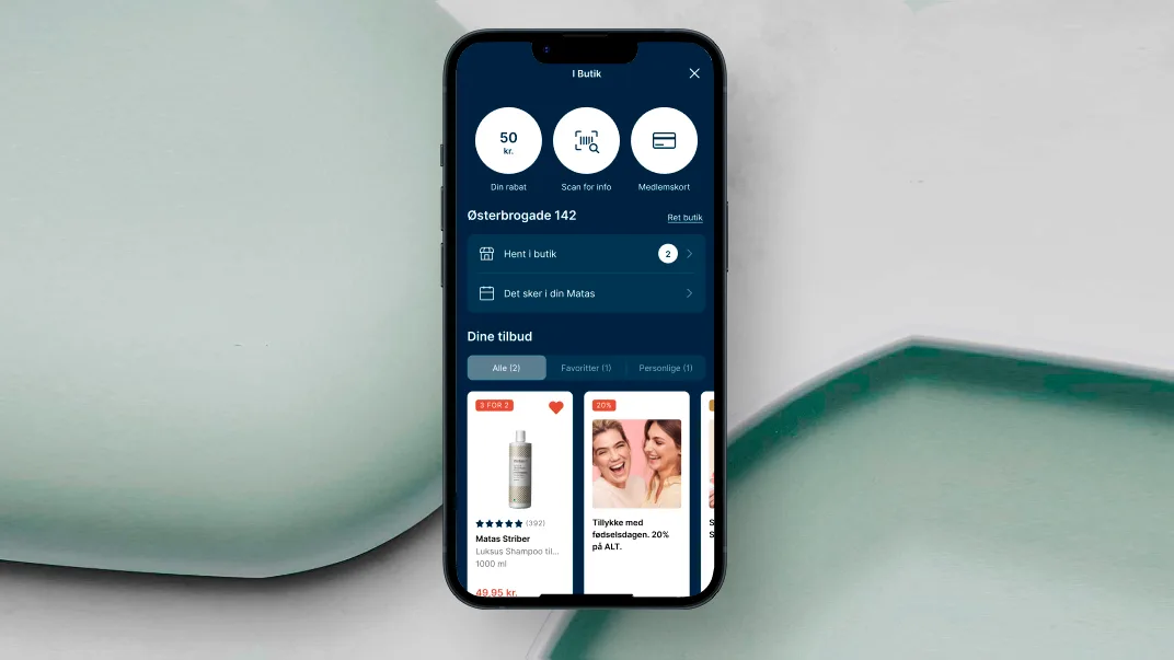Her ses en mobil, som er inde på matas-appen i "I Butik" fanen.