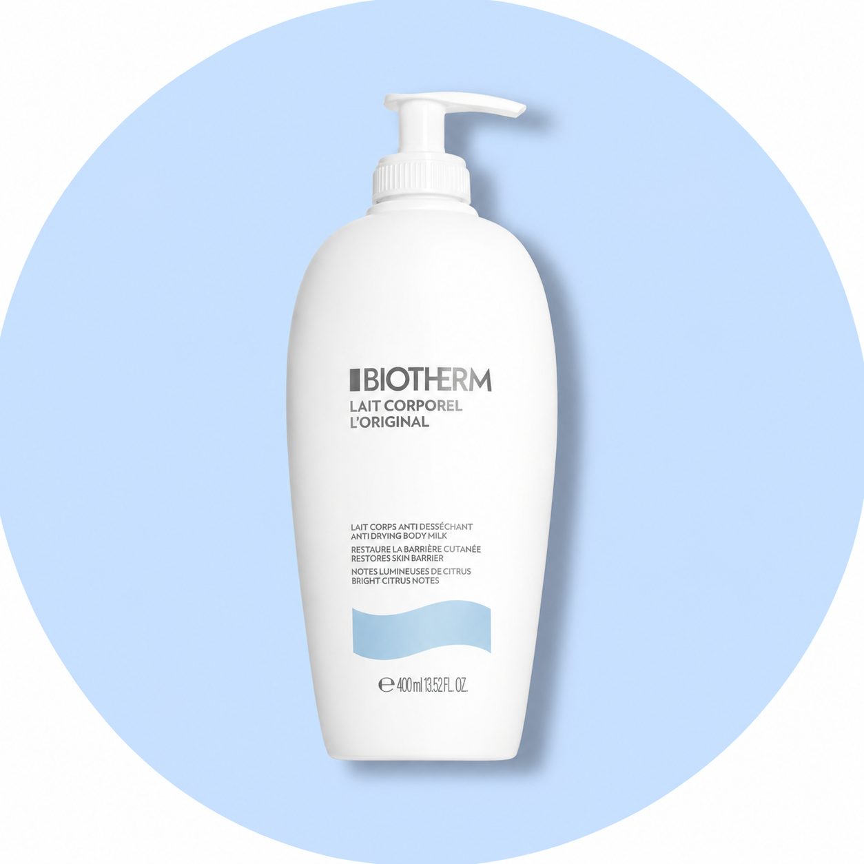 Hvid Biotherm Lait Corporel L'Original kropsmælk, 400ml. Modvirker tør hud, genopretter hudbarriere med citrusnoter.