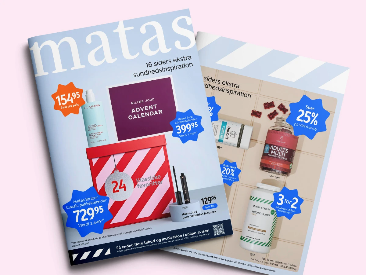 Forsider af to Matas tilbudsaviser med annoncer for julekalendere, Clarins, VitaYummy og Matas Striber kosttilskud.