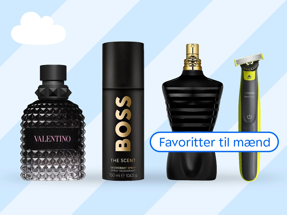 Favoritter til mænd: Valentino parfume, Boss The Scent deodorant, Jean Paul Gaultier parfume og Philips OneBlade.