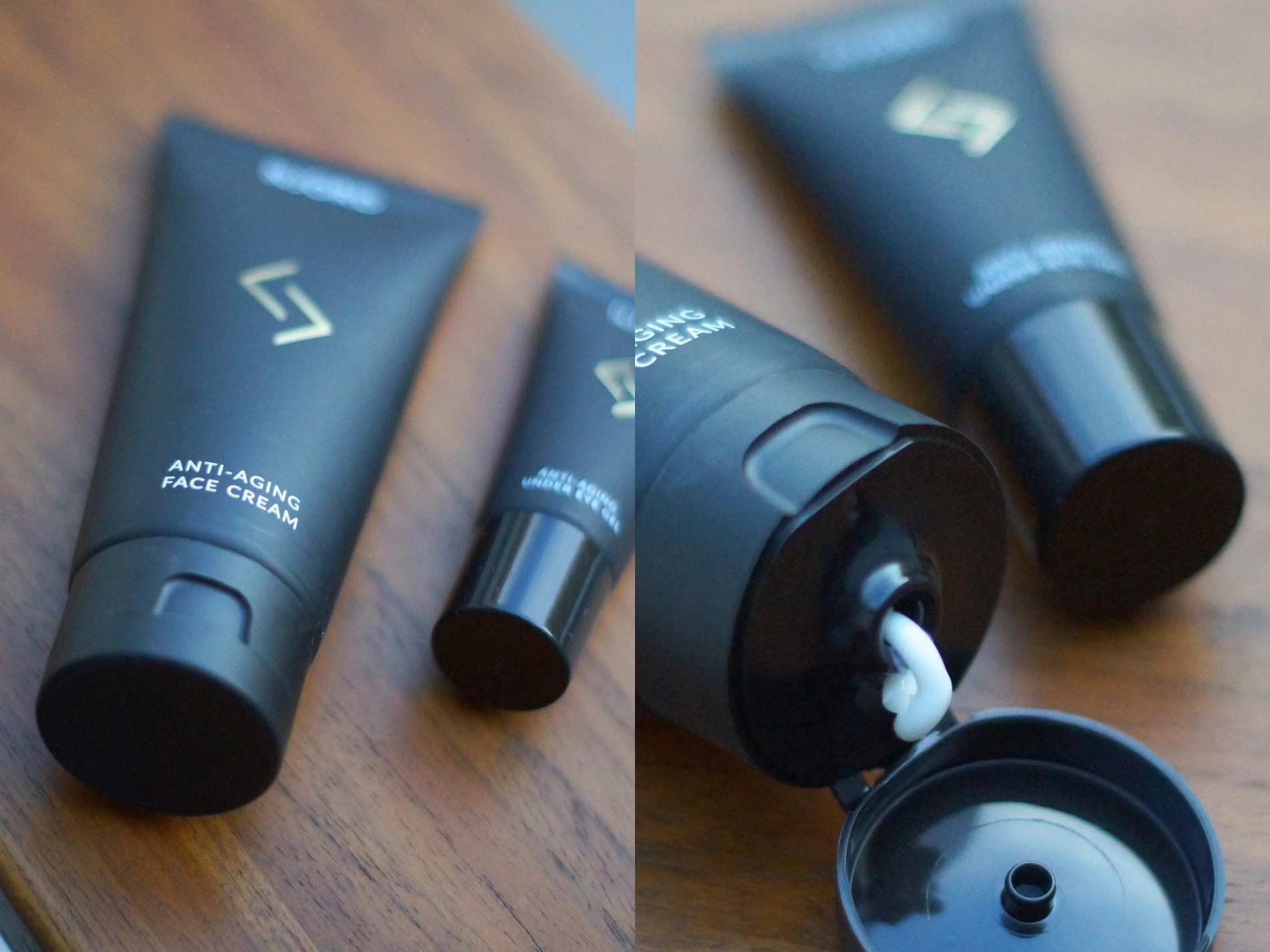 To sorte tuber: Anti-Aging Ansigtscreme og Anti-Aging Øjengel. Hvid creme presses ud af ansigtscremen.
