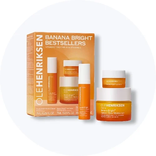 Ole Henriksen Banana Bright Bestsellers sæt med Vitamin C Serum, Eye Crème og Instant Glow fugtighedscreme.