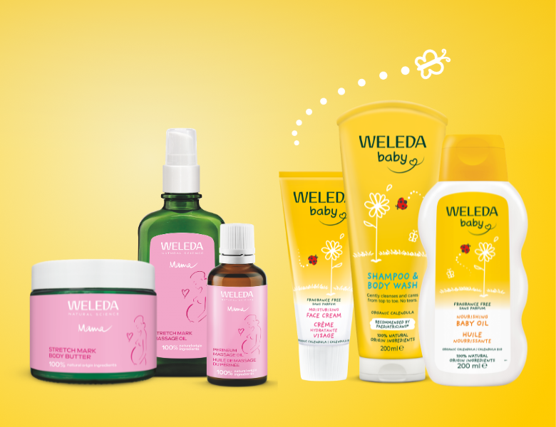 Weleda Mama og Weleda Baby produktsæt med strækmærkecreme, massageolie, ansigtscreme, shampoo og babyolie.
