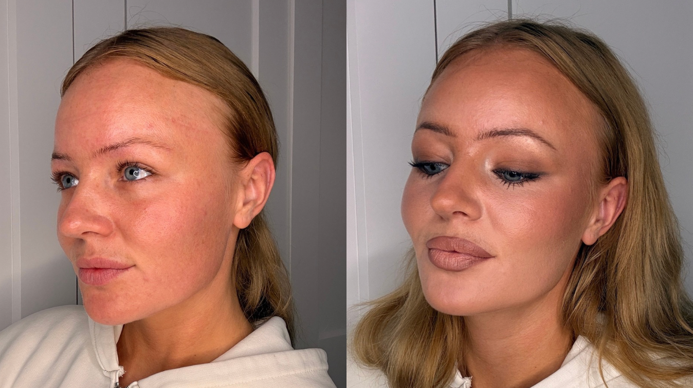 Før og efter sammenligning af et ansigt, der viser naturlig hud til venstre og fuld makeup til højre.