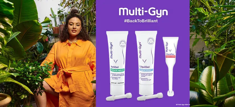 Her ses en kvinde i orange, som står mellem en masse grønne blade. Foran er der en lilla boks, hvori tre Multi-Gyn produkter ses. 