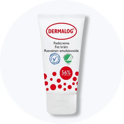 Dermalog fedtcreme 56 % uden parfume i hvid tube med røde prikker på lys grå baggrund.