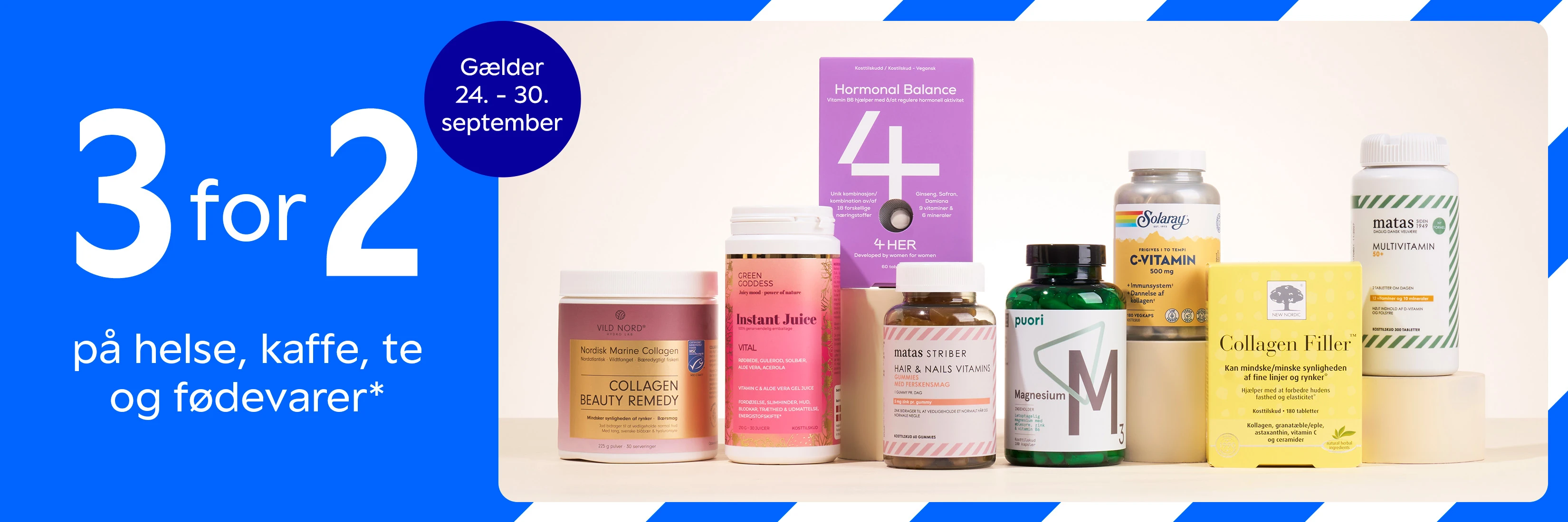 3 for 2 på udvalgte helse-, kaffe-, te- og fødevarer. Gælder 24.-30. september.