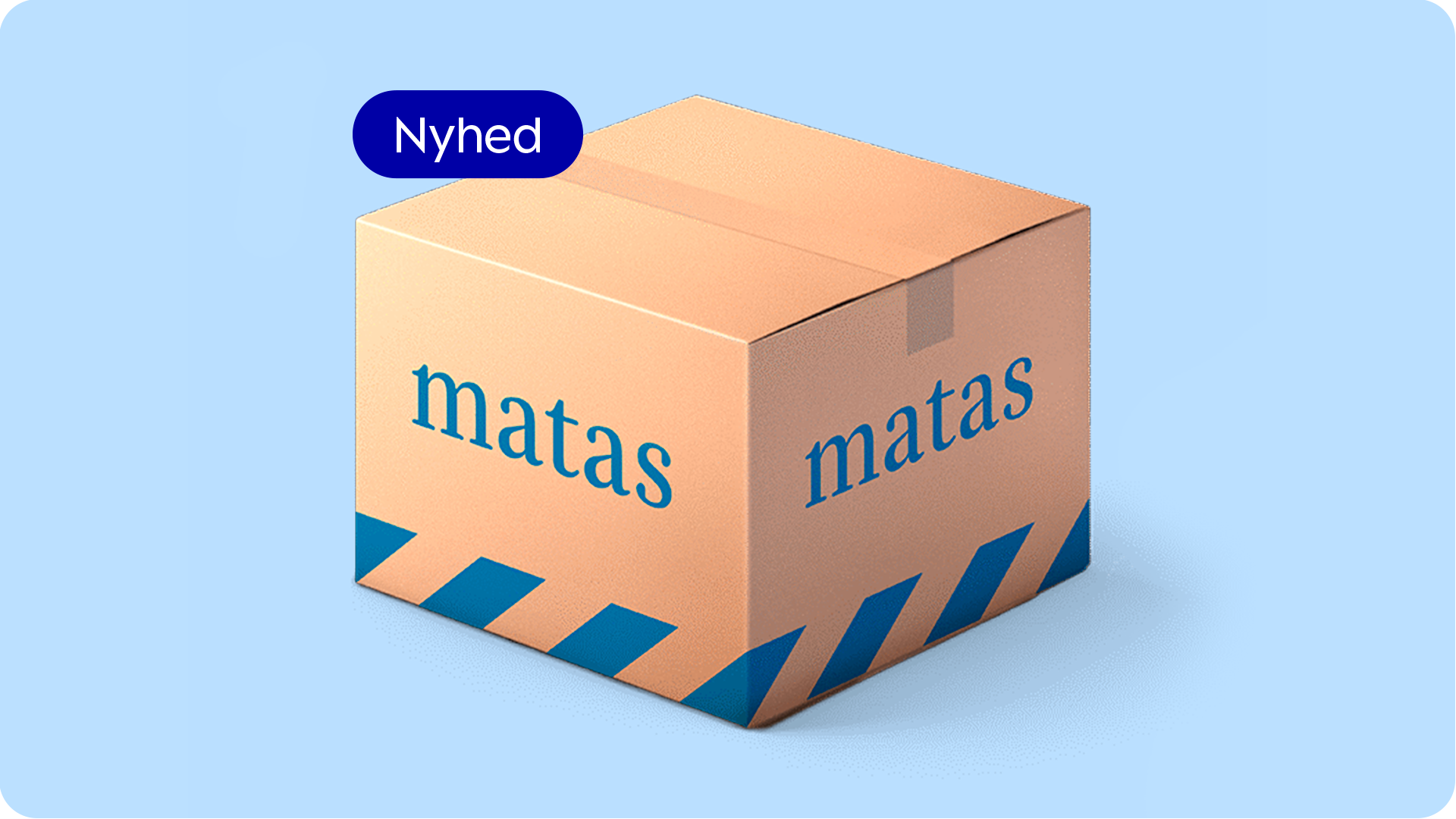 Matas papkasse med logo, blå striber og en 'Nyhed' etiket.