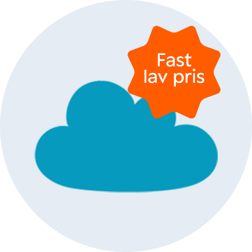 Her ses Ønskeskyens logo, en blå sky, og med en orange splash med teksten "Fast lav pris".