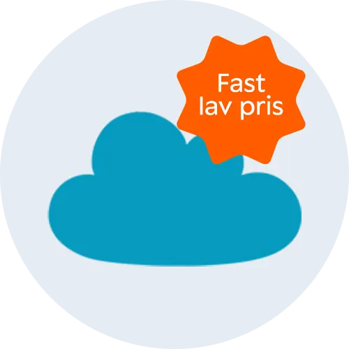 Her ses Ønskeskyens logo, en blå sky, og med en orange splash med teksten "Fast lav pris".