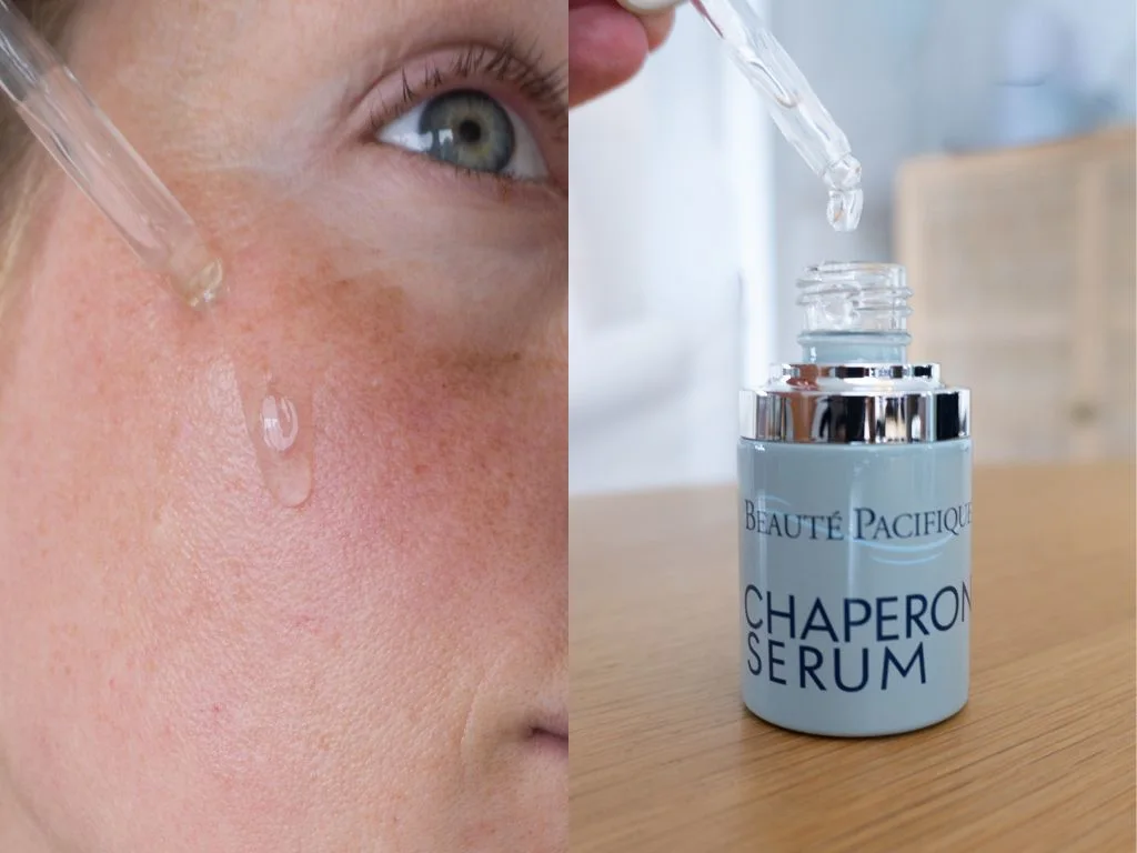 serum på et bord og i brug på huden