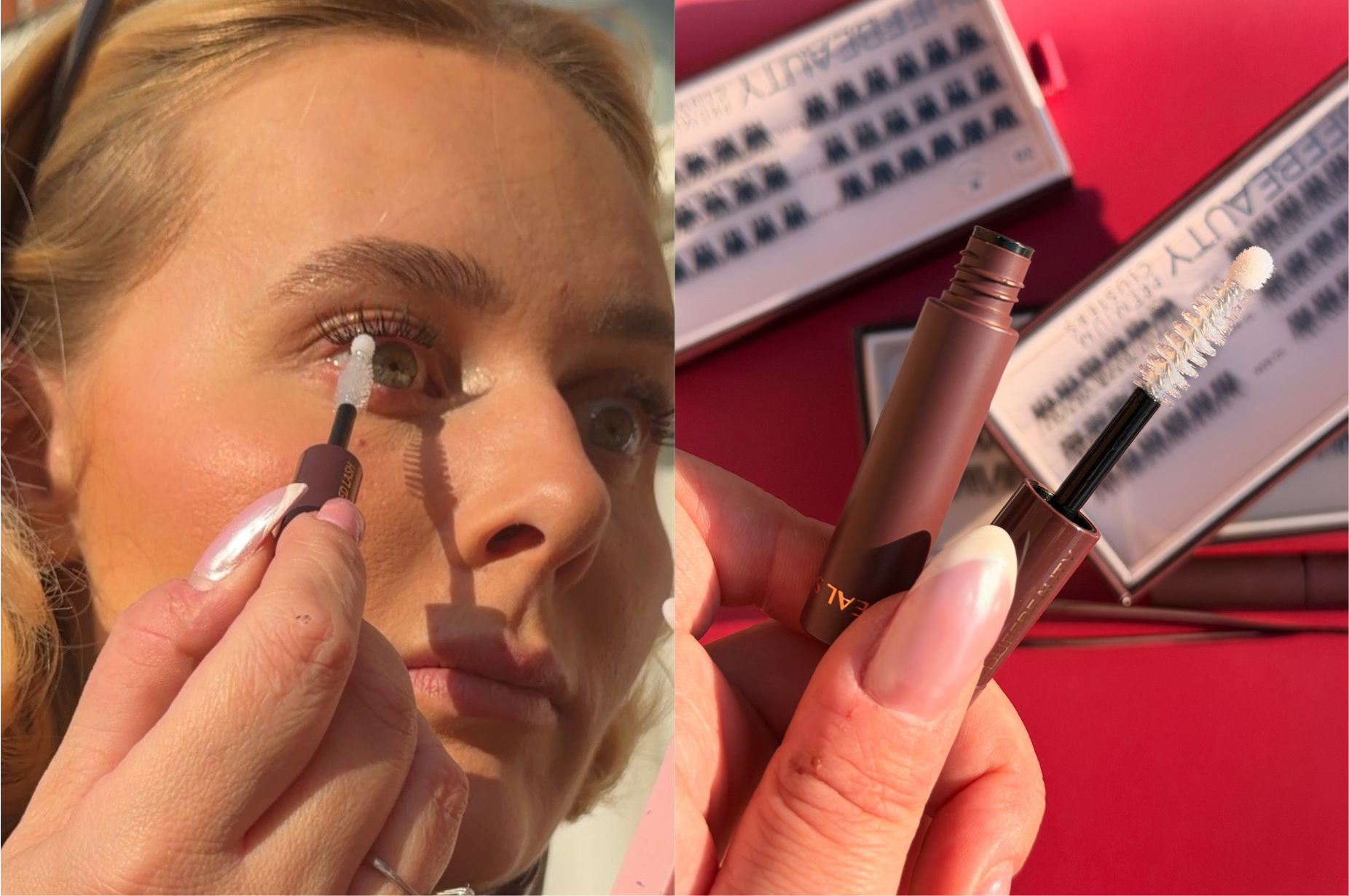 Person påfører vippeserum, og et nærbillede af en mascara/primer med 'FEBEAUTY PREMIUM CLUSTERS' falske vipper i baggrunden.