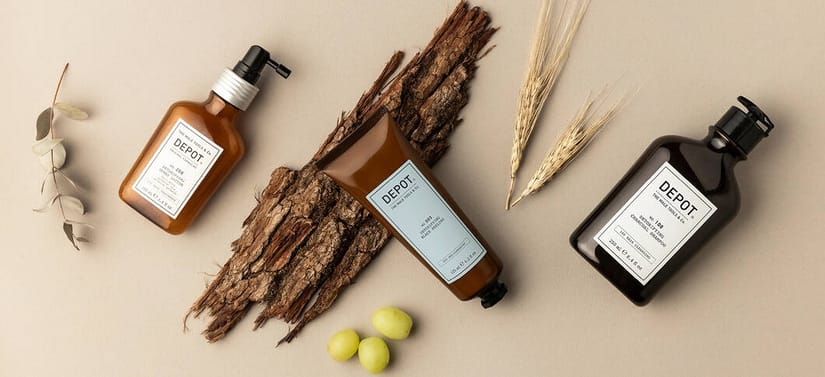 Her ses et billede med tre produkter fra DEPOT placeret på en lys baggrund. Produkterne er i brune flasker og tuber med etiketter, hvor der står “DEPOT”. Omkring produkterne ses naturmaterialer som træstykker, korn og små grønne frugter.