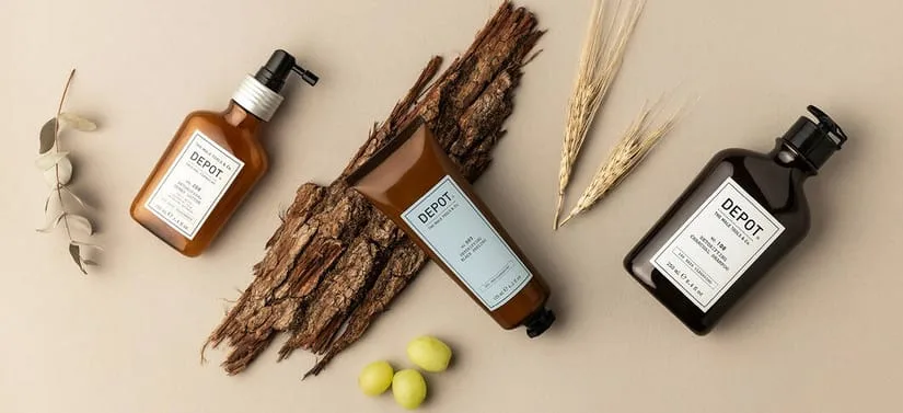 Her ses et billede med tre produkter fra DEPOT placeret på en lys baggrund. Produkterne er i brune flasker og tuber med etiketter, hvor der står “DEPOT”. Omkring produkterne ses naturmaterialer som træstykker, korn og små grønne frugter.