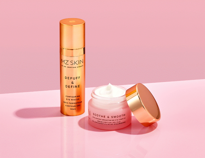 Her ses en lyserød baggrund med to MZ SKIN produkter på.