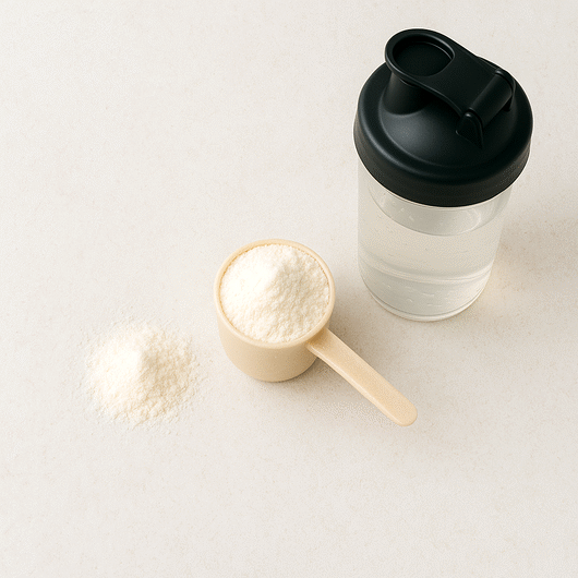 Fuglperspektiv af en beige yogamåtte med kreatinpulver, en måleske og en gennemsigtig shakerflaske med vand. Elementerne er stilfuldt arrangeret i naturligt lys og skaber en ren, inspirerende fitnessstemning uden synlige mærker eller personer.