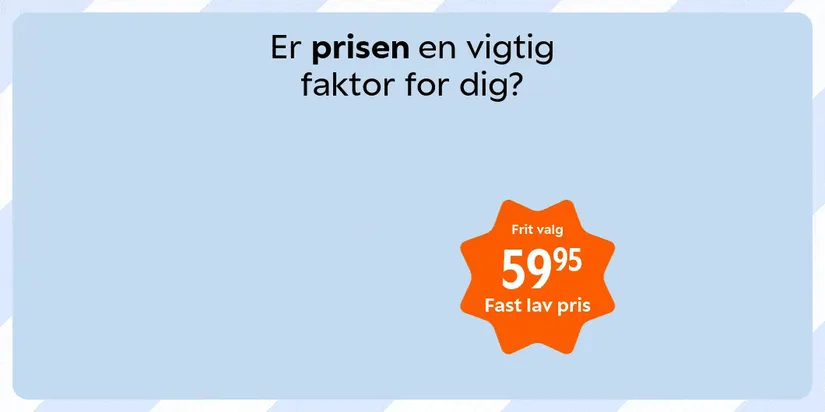 Her ses en GIF med teksten “Er prisen en vigtig faktor for dig?” mod en lyseblå baggrund. Nederst til højre ses et orange mærke med teksten “Frit valg 59,95 Fast lav pris”. Derudover ses tre forskellige sollotions fra Matas Striber.