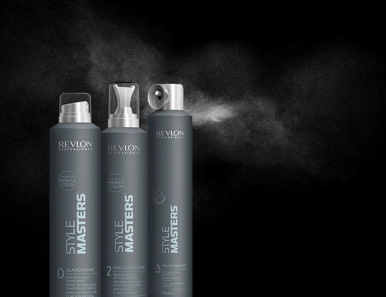Her ses tre grå Revlon Professional produkter på en sort baggrund.
