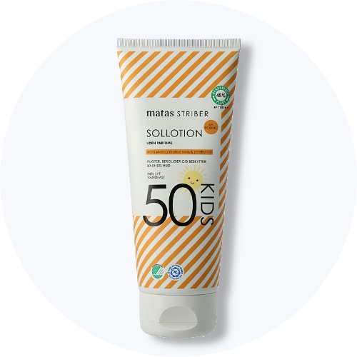 Her ses en solcreme med faktor 50. Den er fra Matas og er til børn.