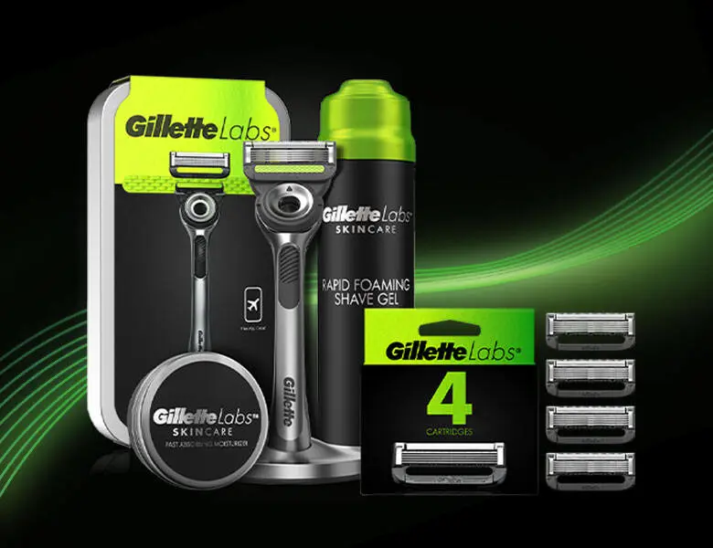 Her ses forskellige Gillette produkter i grøn og sort - baggrunden er i tilsvarende farver.