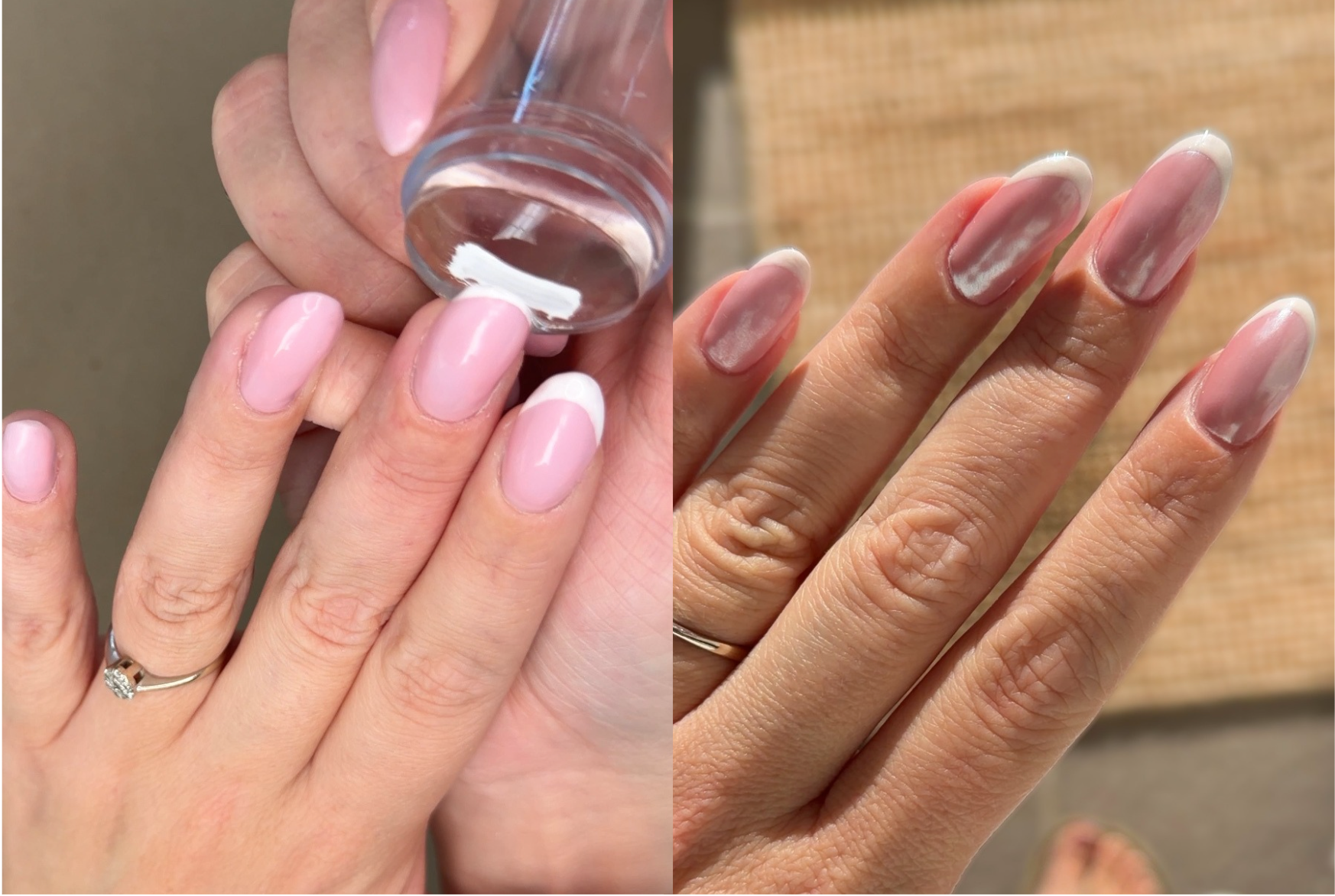 Sammenligning af påføring af fransk manicure med en stemplingsapparat og det færdige, let udtværede resultat.