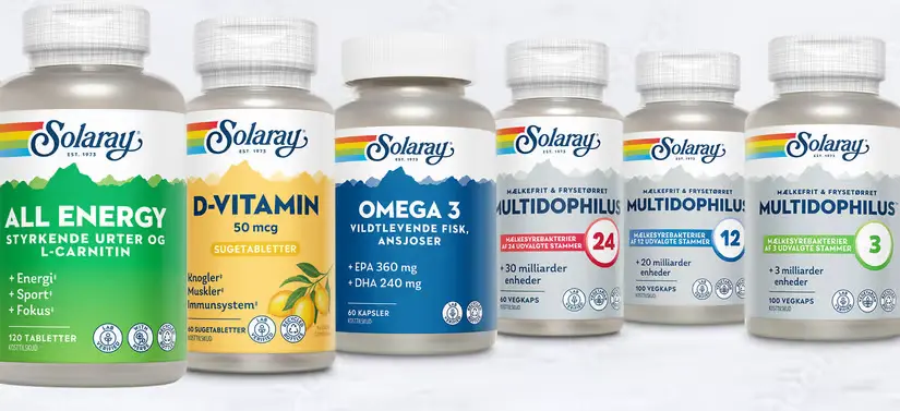 Her ses seks Solaray produkter på række. Baggrunden er hvid.