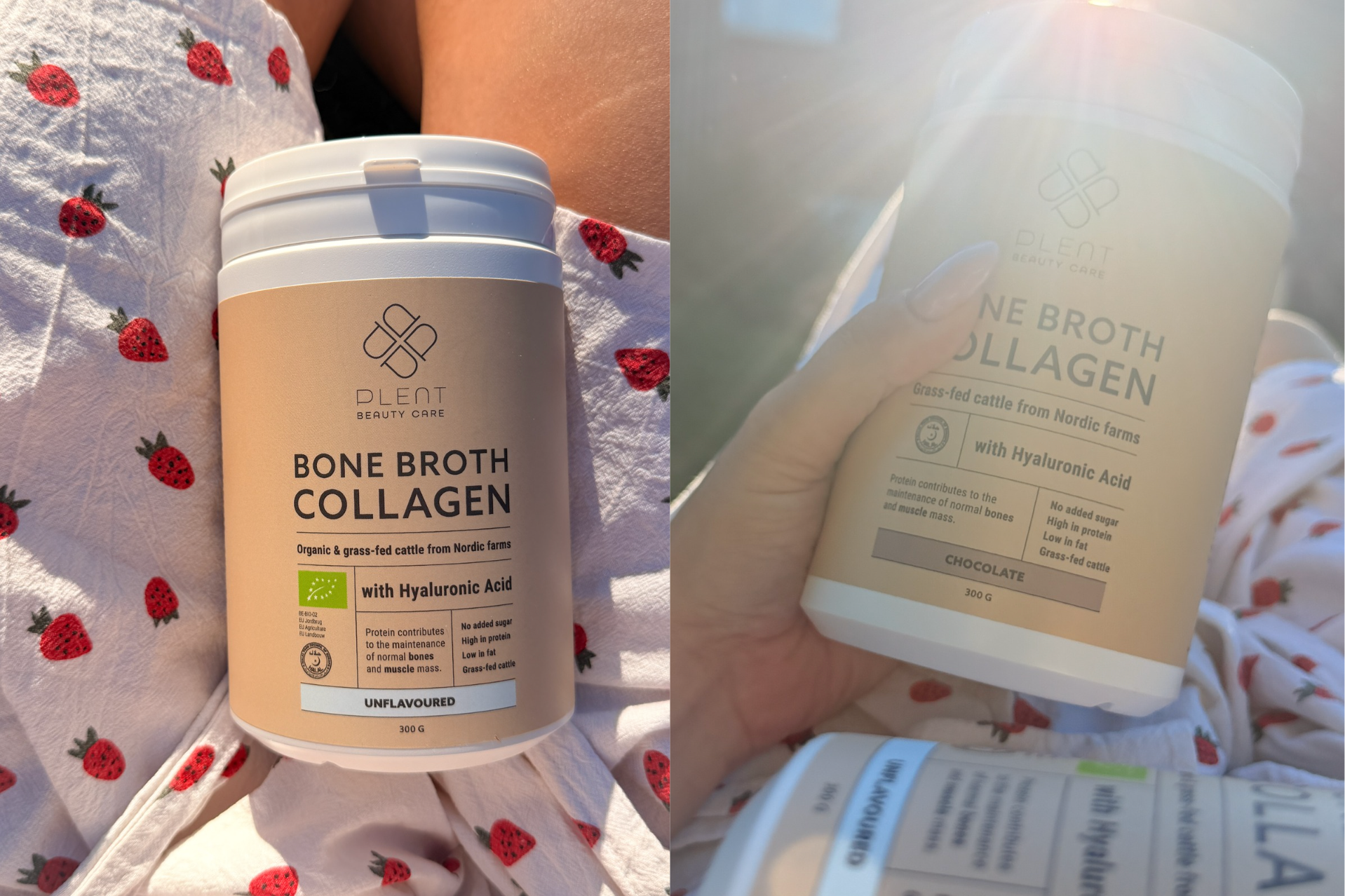 To beholdere af PLENT BEAUTY CARE BONE BROTH COLLAGEN med hyaluronsyre, en usmagssat og en chokoladevariant.