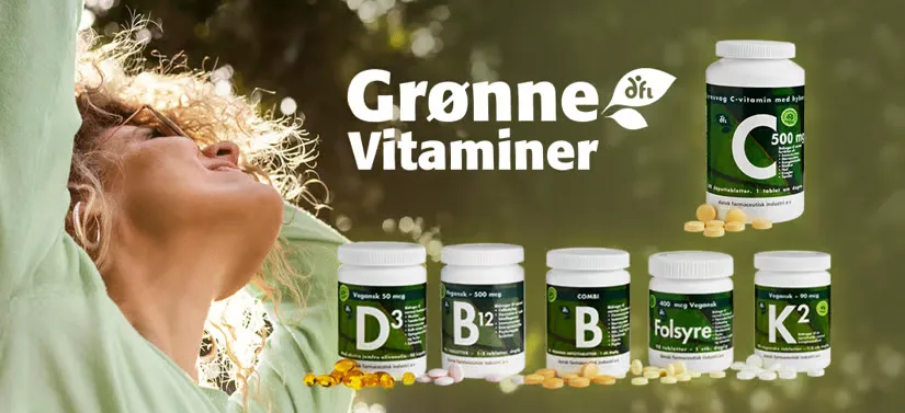 Her ses en glad kvinde i naturen. Til højre for hende ses en masse af Grønne vitaminers produkter. 