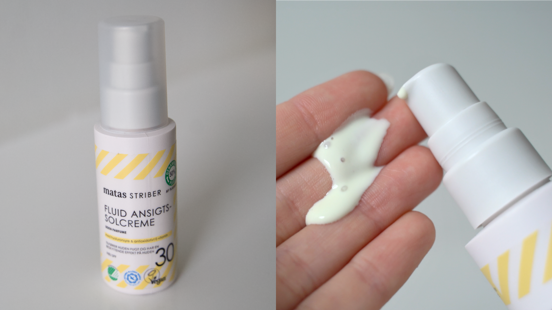 En hvid Matas Striber Fluid Ansigtssolcreme SPF 30 med gule striber og pump, med en klat solcreme i en hånd.