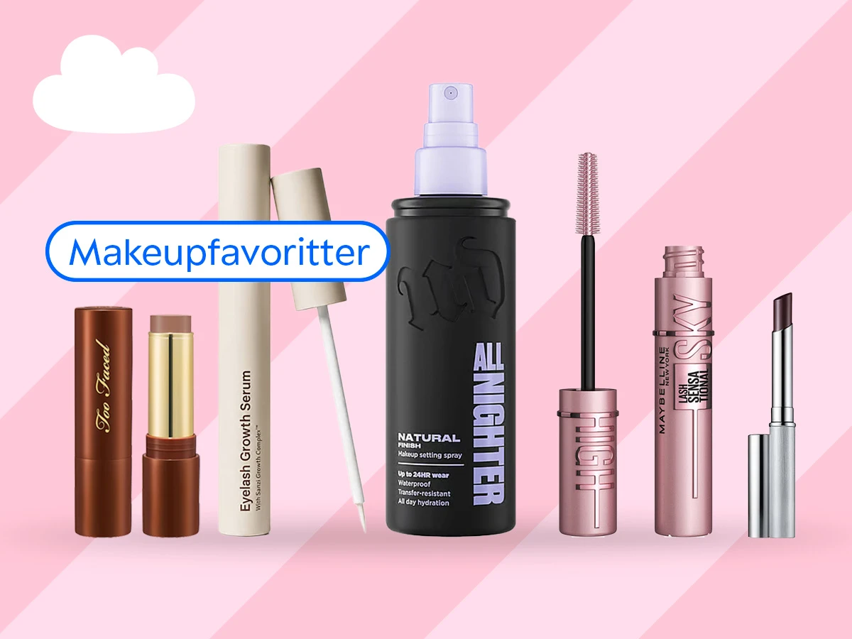 Makeupfavoritter: Billede af syv makeup-produkter, herunder læbestift, vippeserum, setting spray og to mascaraer.