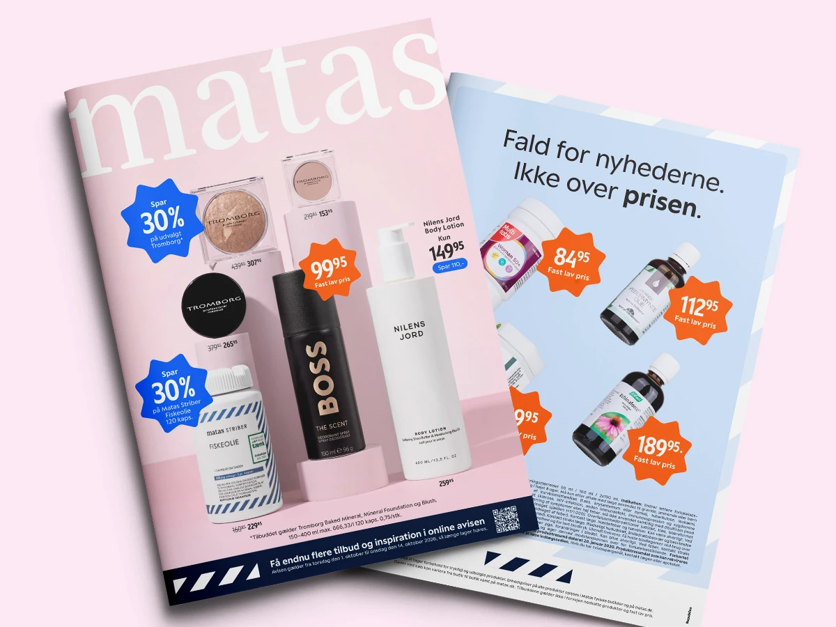 Matas tilbudsavis med to opslag, der viser skønheds- og sundhedsprodukter med rabatter og faste lave priser.
