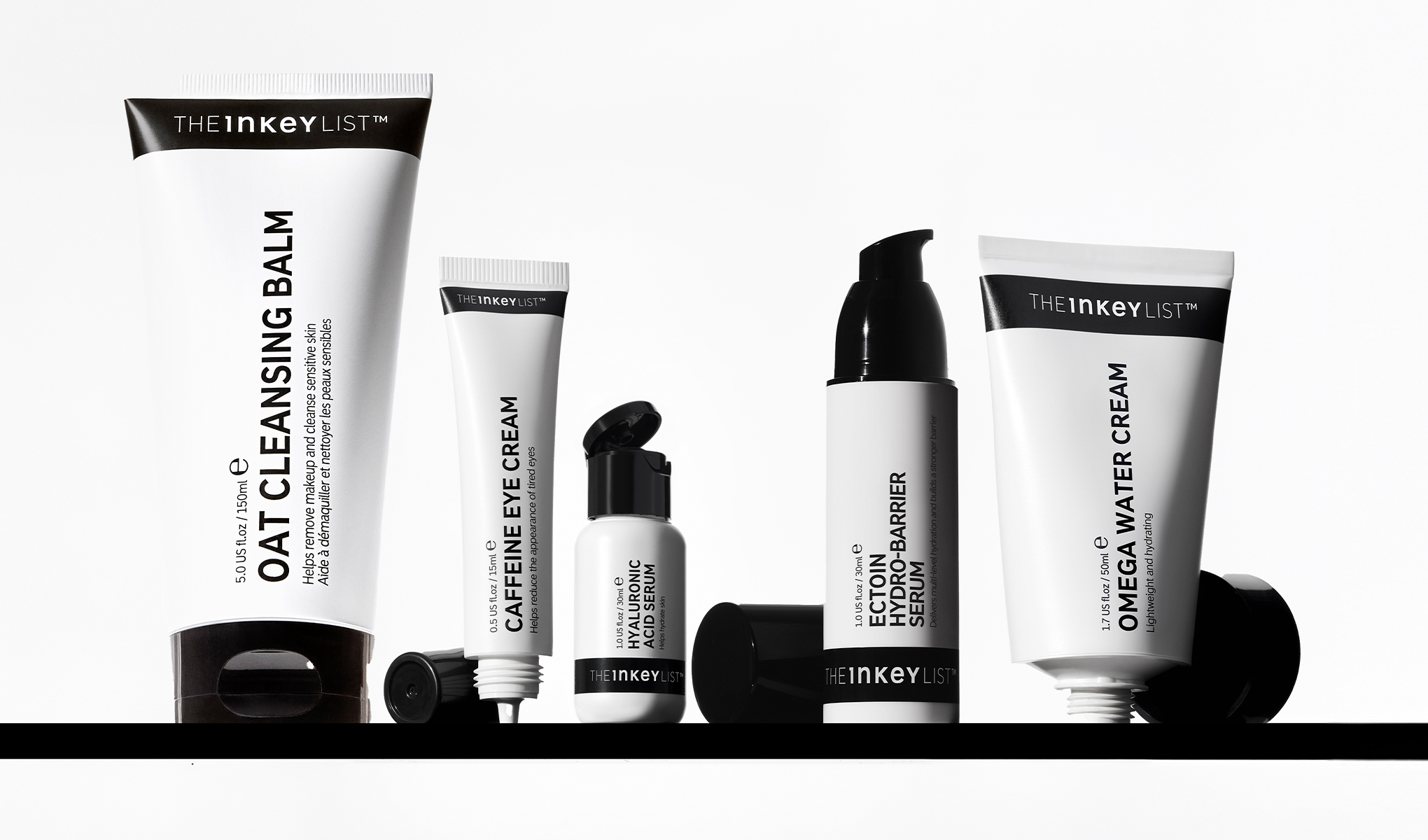 The Inkey List -ihonhoitotuotteita rivissä vaalealla taustalla.