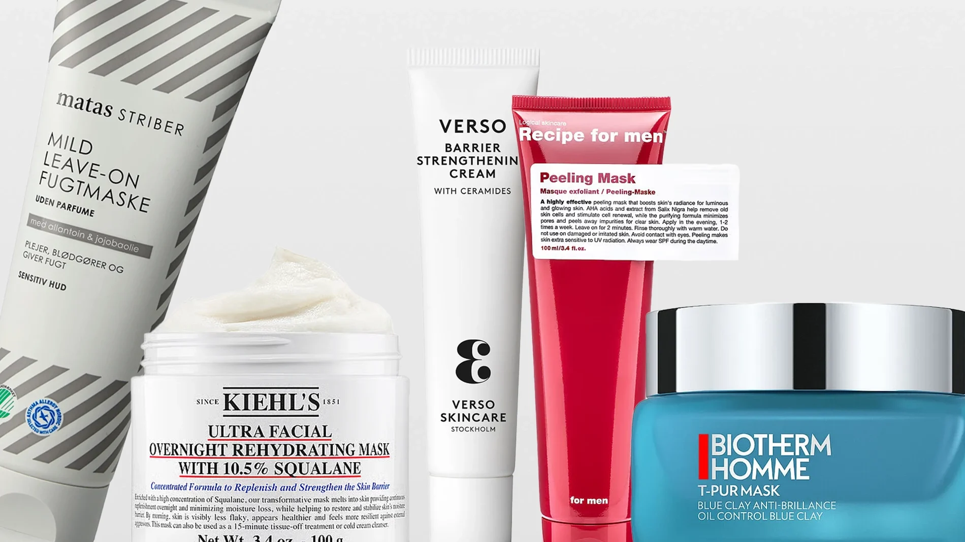 Hudpleieprodukter samlet: Matas Striber Mild Leave-On Fugtmaske, Kiehl’s Ultra Facial Overnight Rehydrating Mask with 10.5% Squalane i krukke, Verso Skincare Barrier Strengthening Cream med ceramider, Recipe for men Peeling Mask og Biotherm Homme T-Pur Mask Blue Clay Oil Control Blue Clay.