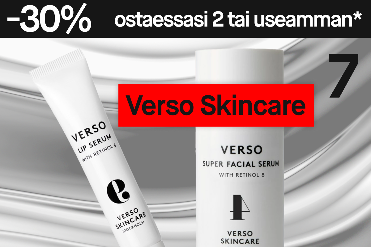 Mainoskuva, jossa 30 % alennus kahden Nioxin-tuotteen ostosta. Kuvassa kolme hiustenhoitotuotetta: valkoinen seerumi, hopeinen kuivashampoo ja sininen hiustenlähtöä ehkäisevä seerumi metallisella taustalla.